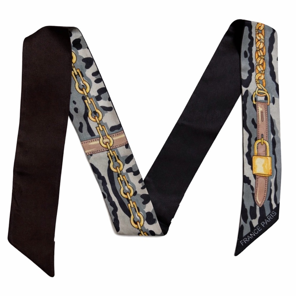 BLACK GRAY LEOPARD SKINNY SCARF BAG HANDLE WRAP CHAIN LOCK DESIGN - Picture 2 of 3